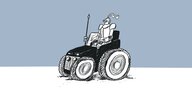 Illustration: ein Mensch mit Ritterüstung sitzt auf einem Traktor