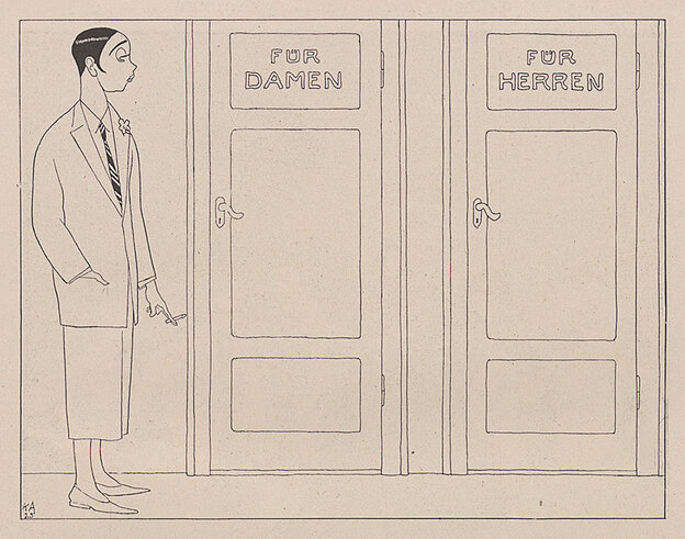 Die schlichte Zeichnung zeigt eine wohl weibliche, aber eher männlich angezogene Person, daneben zwei Toilettentüren, eine für Damen, eine für Herren
