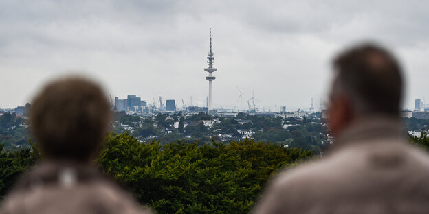 Eine Frau und ein Mann schauen bei trübem Wetter auf die Hamburger Skyline