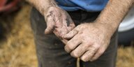 An den Händen eines Bauern kleben Erdkrumen