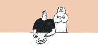 Illustration eines Schweins, es sthet hinter einem Menschen, der vor einem Teller mit einer Wurst sitzt