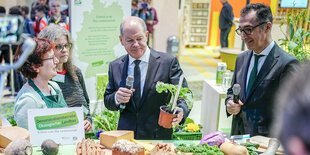 Olaf Scholz schaut sich einen Topf mit einer Kohlpflanze an einem Stand auf der Grünen Woche an