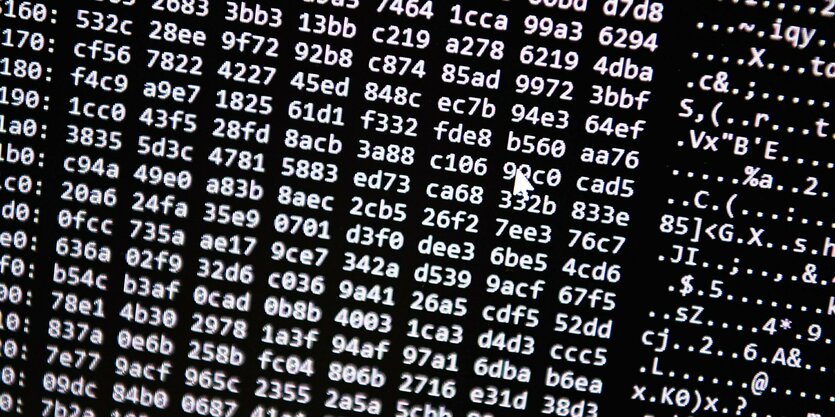 Ein Zahlencode läuft in der Zentralstelle Cybercrime Bayern (ZCB) über einen Bildschirm.