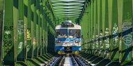 Ein Zug fährt über eine Brücke mti grünen Eisenstreben frontal auf den Betrachter zu