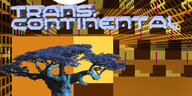 Ein abstraktes Bild in Comic-Style. Vor einem karierten Hintergrund steht ein Baum. Der Schriftzug „Transcontinental“ ist zu sehen.