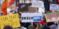 Auf einer Demonstration wird ein Schild mit der Aufschrift "Ekelha AfD" hochgehalten