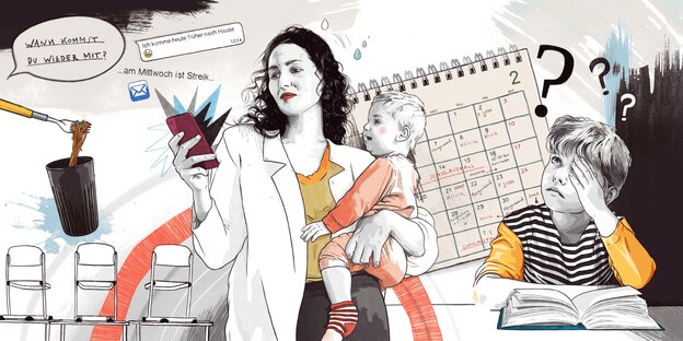 Illustration Frau mit Kleinkind auf dem Arm telefonitert mit Handy, im Hintergrund Kalender, Textnachrichten, ein Kind sitzt über Büchern