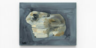 Malerei von Leanne Shapton in den Maßen 23 x 30 cm. Das Bild ist aus Wandfarbe auf Holz gemalt und zeigt einen grauen Hasen vor einem blaugrauen Hintergrund.