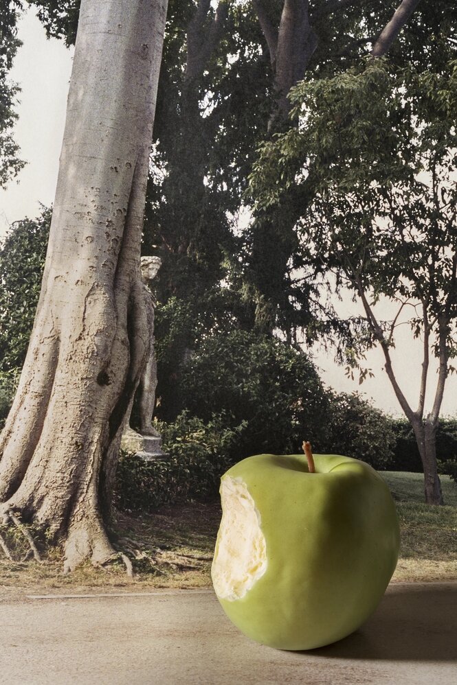 Großer Baum im Hintergrund vor dem ein angebissener grüner Apfel liegt, der die Dimension eines Autos hat