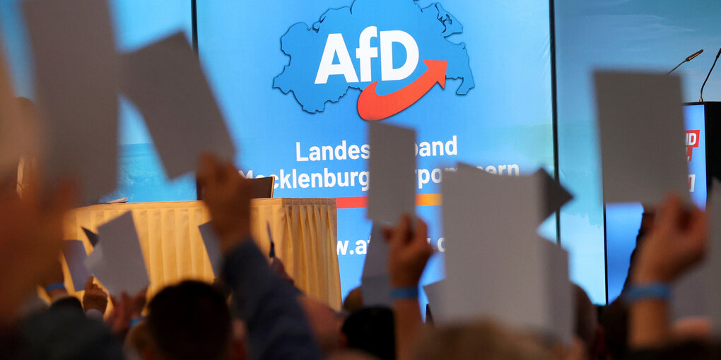 Auf dem Landesparteitag der AfD wird über einen Antrag abgestimmt. Im Vordergrund halten Leute ihre Stimmkarten in die Höhe, im Hintergrund ist ein AfD-Plakat zu sehen.