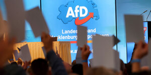 Auf dem Landesparteitag der AfD wird über einen Antrag abgestimmt. Im Vordergrund halten Leute ihre Stimmkarten in die Höhe, im Hintergrund ist ein AfD-Plakat zu sehen.
