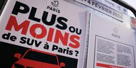 Zeitung mit französischer Schlagzeile Plus ou Moins de SUV à Paris