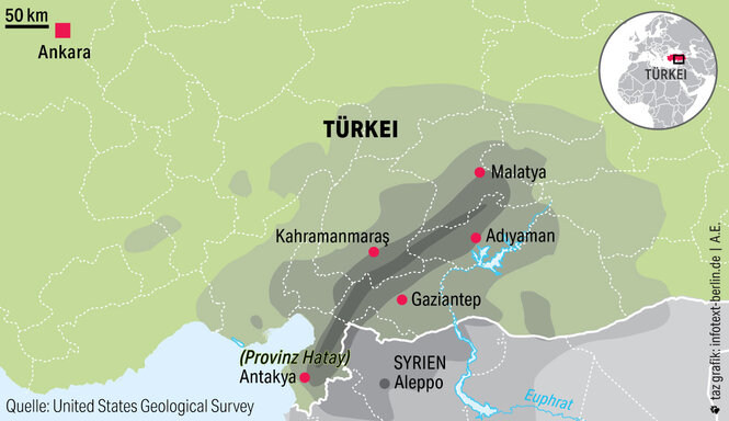 Eine Karte des türkisch-syrischen Erdbebengebietes vom Februar 2023