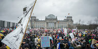 Eine Massendemonstration gegen die AfD vor dem Bundestag. Menschen mit Plakaten mit der Aufschrift: "Nie wieder ist jetzt".
