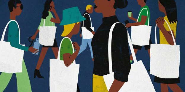 Illustration zeigt Menschen unterwegs mit leeren Einkaufstaschen
