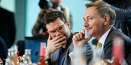 Christian Lindner und Marco Buschmann sitzen am Kabinettstisch umringt von Flaschen.