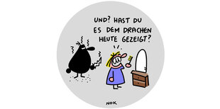 Catoon: Ein Kind steht vor einem Spiegel und will sich die Zähne putzen. Hinter ihm schwebt eine schwarze Gestalt mit einem Schwert in der Hand. Sie fragt: "Und? Hast Du es dem Drachen Heute gezeigt?"