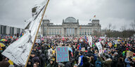 Zahlreiche Menschen nehmen vor dem Bundestag mit Plakaten an der Demonstration eines Bündnisses „Wir sind die Brandmauer“ für Demokratie und gegen Rechtsextremismus teil