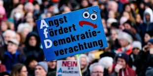 Ein Protestschild wird bei einer Demonstration gegen Rechtsextremismus und die AfD hochgehalten.