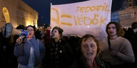 Menschen tragen ein Plakat auf dem "Fidesz" und "Pädophil" steht