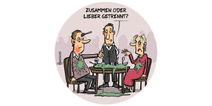 Cartoon: Ein Ehepaar sitzt an einem Tisch im Restaurant und bekriegt sich mit dem Besteck. Auf dem Tisch herrscht Chaos. Der Ober fragt: "Zusammen oder getrennt?"