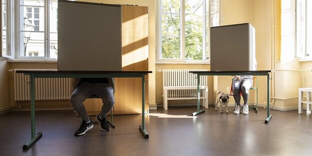 Wähler und Wählerin in Wahlkabinen. Eine Person hat ihren Hund, einen Mops, mit dabei. Der steht unter dem Tisch neben den Beinen.