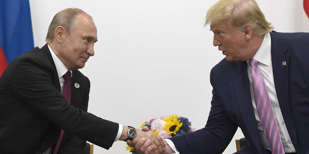 Wladimir Putin und Donald Trump schütteln einander die Hand