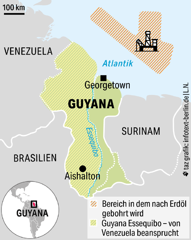 Eine Landkarte zeigt die Region Essequibo zwischen Venezuela und dem Rest Guyanas.