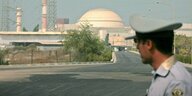 Eine uniformierte Person vor einem Kernkraftwerk