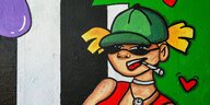 Comicartiges Grafitti einer jugendlichen hippen Frau welche einen Joint geniest.