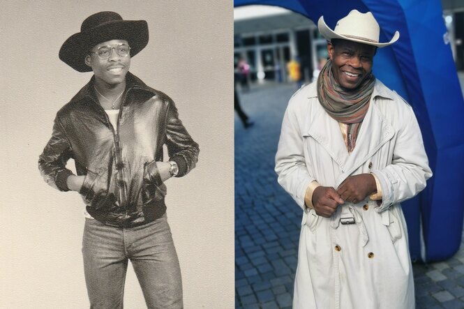 Ibraimo Alberto, rechts jung in Lederjacke, rechts alt im weißen Trenchcoat.