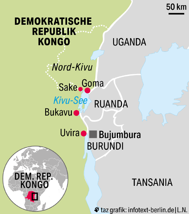 Eine Karte der Demokratischen Republik Kongo zeigt, dass Goma an der Grenze im Westen zu Ruanda liegt