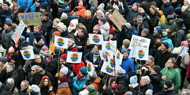 Das Bild zeigt eine Menschenmenge bei einer Demonstration gegen rechts in Potsdam