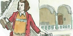 Eine Illustration: Sophie Scholl und Flugblätter sind zu sehen. Ein Plakat aus einer Ausstellung mit Plakaten, die im Café Begine im Rahmen von Frauenmärz 2024 gezeigt werden