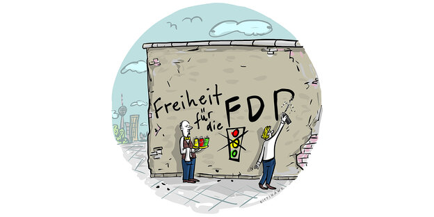 Farbiger Cartoon von Kittihawk, an eine Mauer wird Freiheit für die FDP gepinselt, eine Ampel ist durchgestrichen