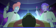 Ausschnitt aus der Cartoon-Serie "the second best hospital in the galaxy": Zwei Ärztinnen lächelnd am OP-Tisch. Die eine hat einen Bohrer gezückt, die andere ein Insturment, an dessen Ende eine Flamme ist. Die mit Bohrer hat viele Augen. Die mit Flamme ha