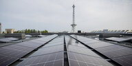 Solarpanels sind vor einem Pressetermin zum Bau von Berlins größter Photovoltaik-Anlage der Stadtwerke und Messe auf dem Dach der Messe Berlin vor dem Funkturm zu sehen