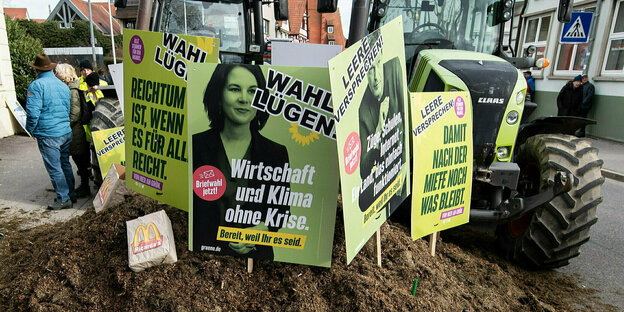 Plakate mit der Aufschrift «Wahl Lügen» stecken während einer Demonstration in einem Misthaufen.