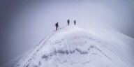 Drei Wanderer in alpiner Schneelandschaft