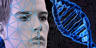 Eine Computergrafik zum Thema gesichtserkennung (l), eine Darstellung einer DNA-Doppelhelix (M) und ein symbolischer Fingerabdruck (im Hintergrund)