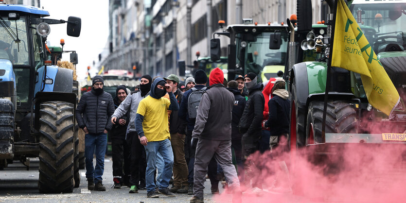 Vermummte Bauern protestieren mit Rauchfakeln vor ihren Traktoren