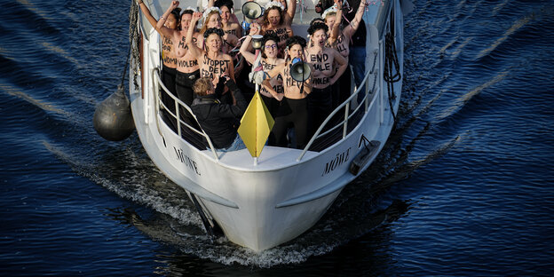 Femen-Aktivistinnen demonstrieren auf einem Boot auf der Spree im Regierungsviertel gegen Gewalt gegen Frauen. Anlass ist der Internationale Tag zur Beseitigung von Gewalt gegen Frauen