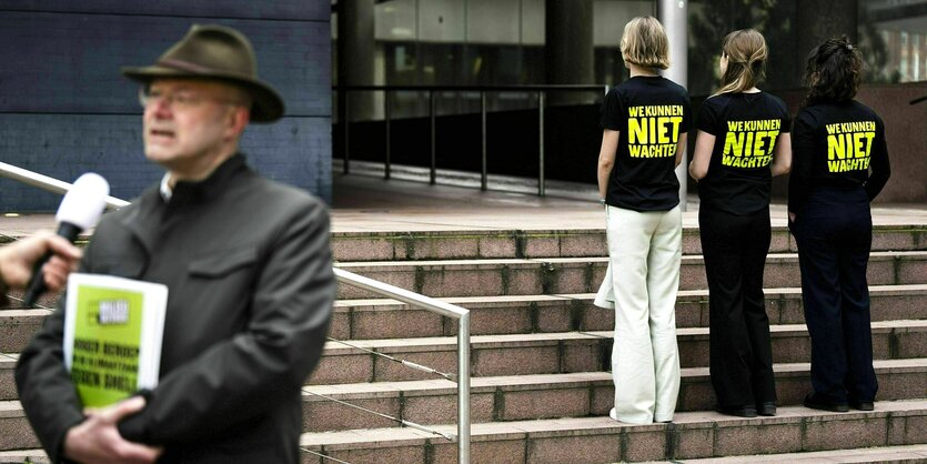 Drei protestierende junge Frauen auf einer Treppe, die mit dem Rücken zur Kamera stehen und auf deren T-shirt steht: We kunnen niet wachten (wir können nicht warten) Im Vordergrund wird ein Mann interviewt