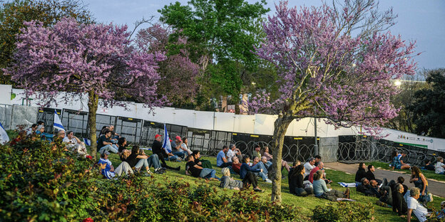 Menschen sitzen in einem Park und die Bäume blühen.