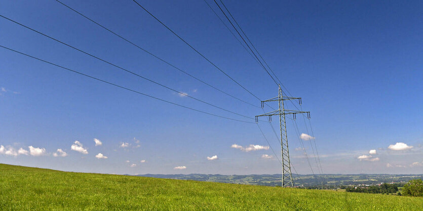 Eine Stromleitung über einer grünen Wiese