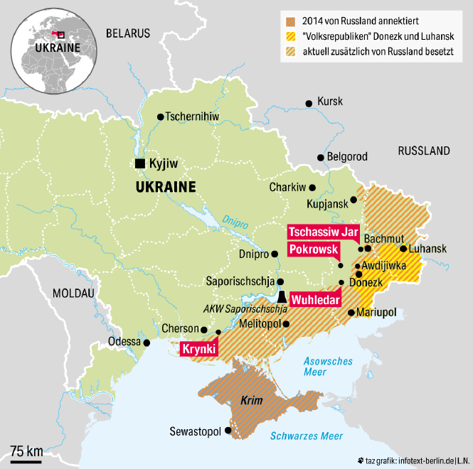 Eine Karte der Ukraine zeigt in unterschiedlichen Schraffierungen (1) das seit 2014 von Russland annektierte ukrainischen Gebiet der Krim, (2) die "Volksrepubliken" Luhansk und Donezk im Osten des Landes und (3) die aktuell zusätzlich von Russland besetzen Gebiete in der Ukraine, die sich vom äußersten nordöstlichen Teil über Bachmut, Mariupol und Melitopol bis zur Krim erstrecken.