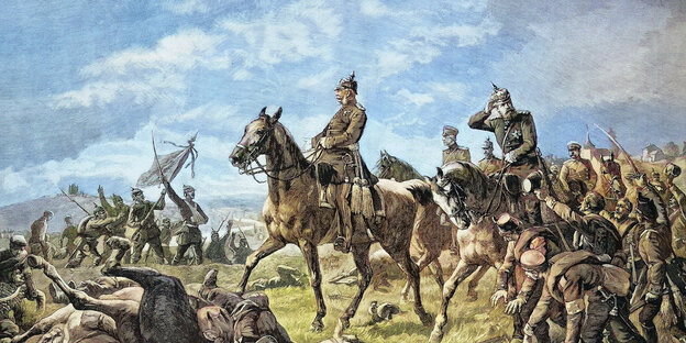 Gemälde: Prußischer König Wilhelm mit seinem Stab am Abend nach der Schlacht bei Sedan, 2. September 1870 / digitally improved reproduction