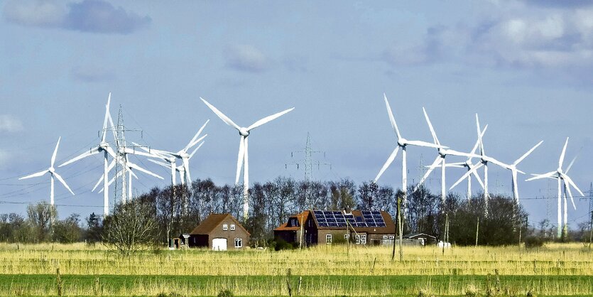 Drei Häuser stehen auf einer Wiese vor etlichen Windrädern.