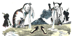 Illustration von Franciszek Kostrzewski: Minz und Maunz, die Katzen beweinen ein Häufchen Asche in ihrer Mitte: Das ist der traurige Rest von Paulinchen.