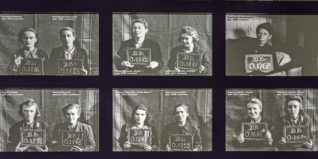 Identitätsfotos von Frauen, die Nummern auf einer Tafel vor sich halten